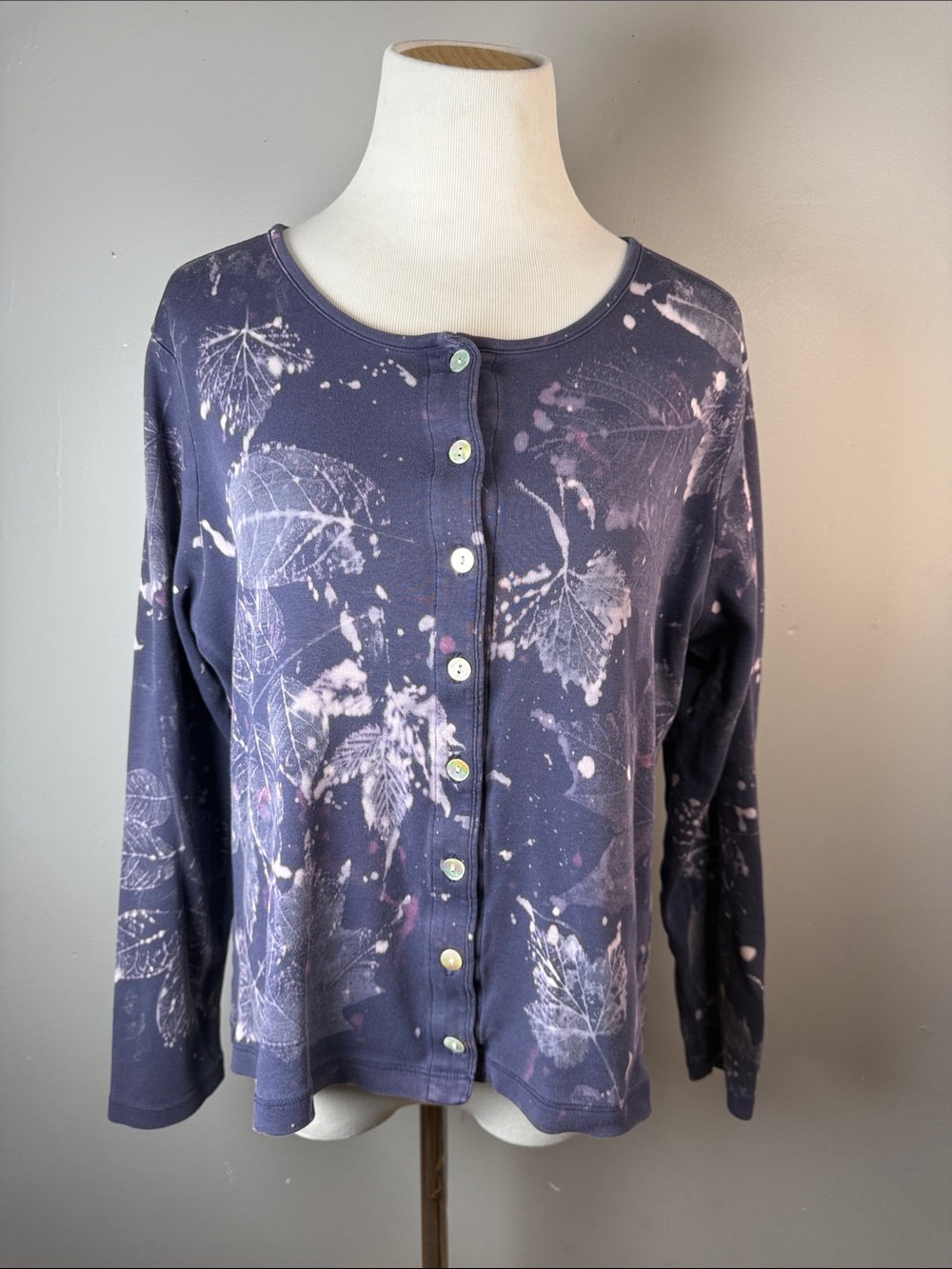 Navy Leaf-Print Button Front Top